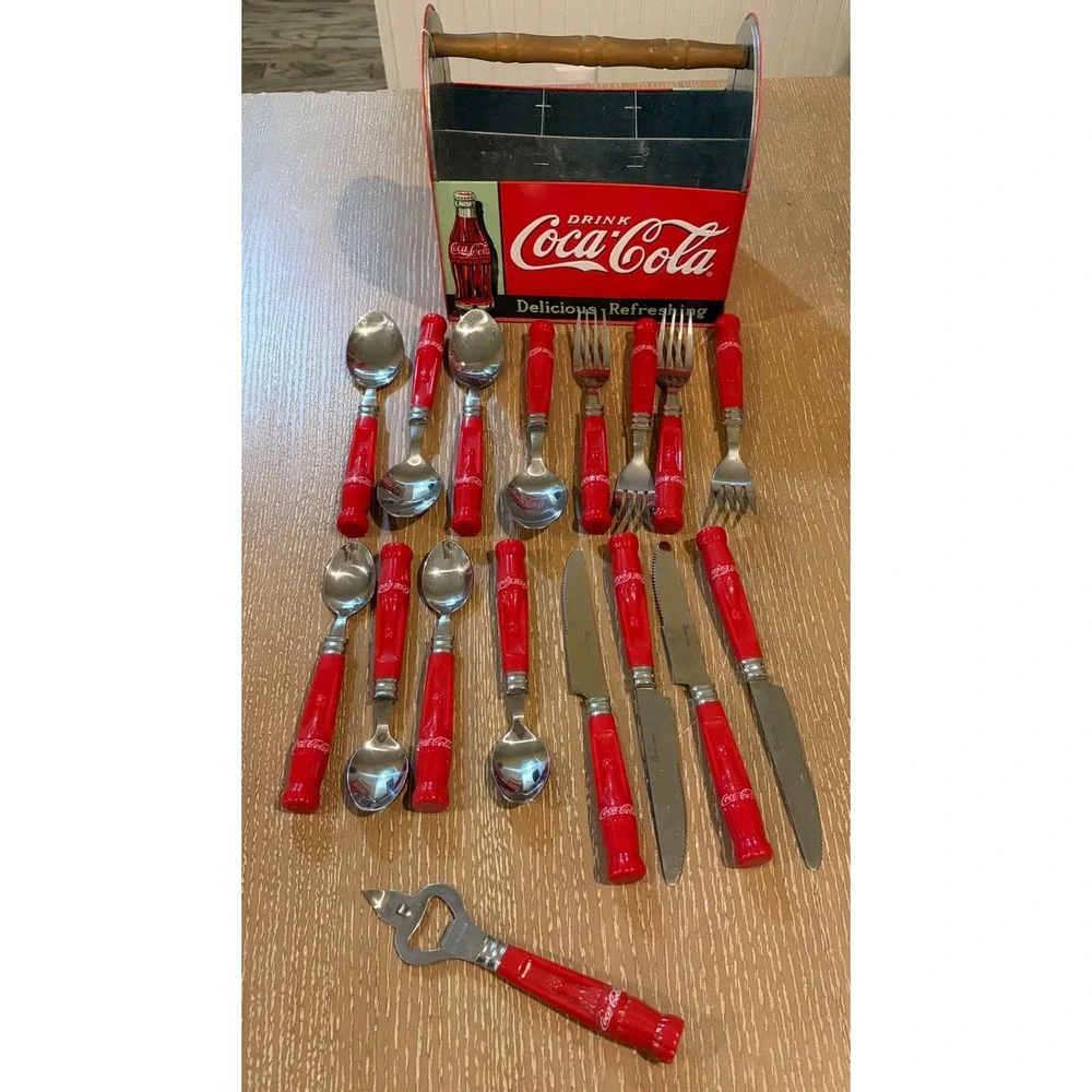 Coca-Cola Vintage Style Utensil Caddy 15pc Silverware Set Bottle Handles Opener